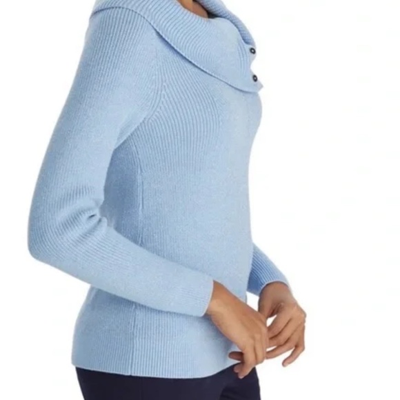 WHBM Light Blue Metallic knit Snap Cowl Neck Sweater lace accent sz xs - Picture 4 of 9